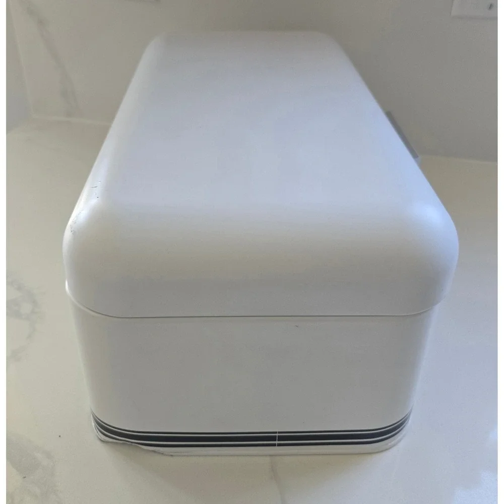 White Metal Bread Box Retro Countertop Storage‎ Bin with Hinged Lid and Stripes